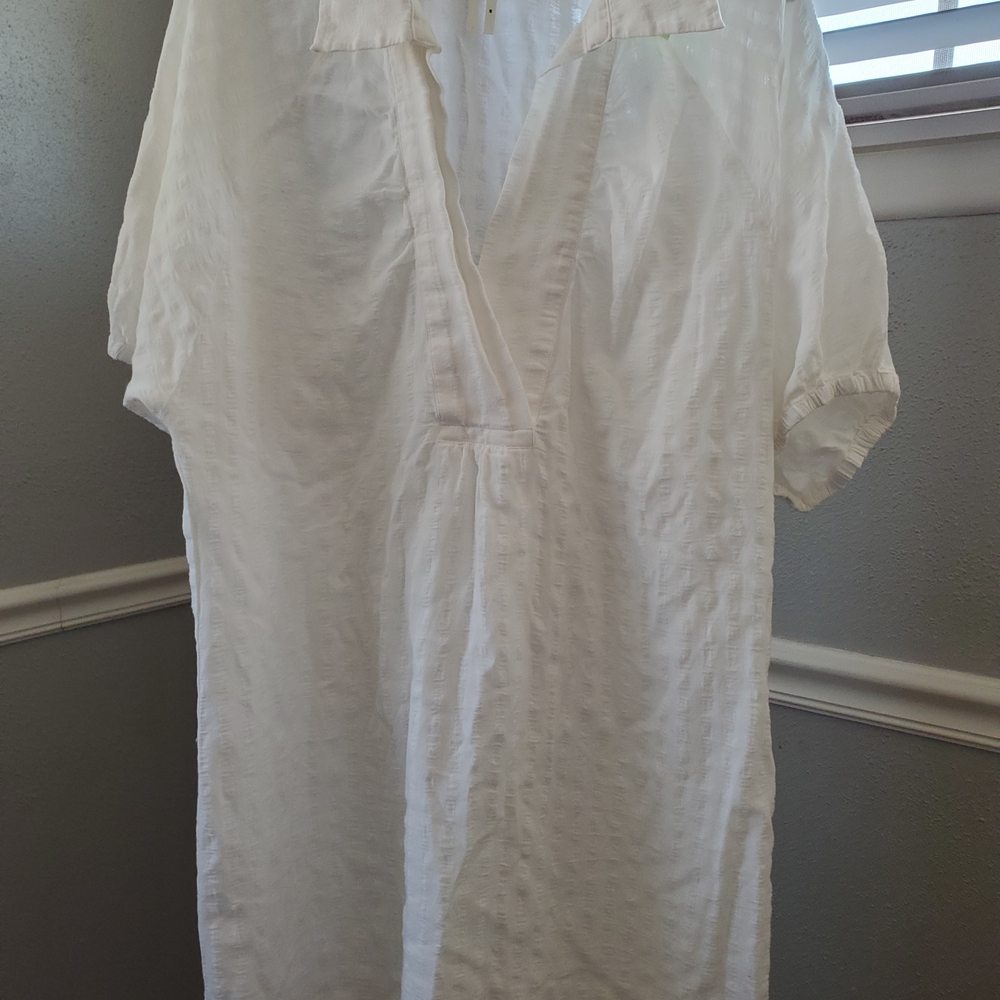 White V-Neck Textured Tunic Dress